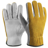 Leather work gloves with elastic grip, durable cowhide, gardening gloves suitable for wood cutting, construction, driving, and gardening. Unisex design with elastic grip, key thumb, elastic wrist, and breathable unlined interior. Comfortable for yard work, chopping wood, landscaping, and farming.
