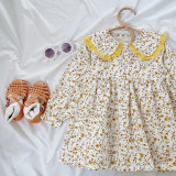 Spring Cotton Doll Collar Pastoral One Piece Korean Style Vintage Midi Sleeve Long Floral Girls Elegant Dresses From 2 To 7 Year