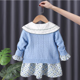 Korean Children's Clothing 2023 Spring Pastoral Two-Piece Sweater Matching Set Cotton Floral Kids' Dresses For Girls 1 To 6 Year