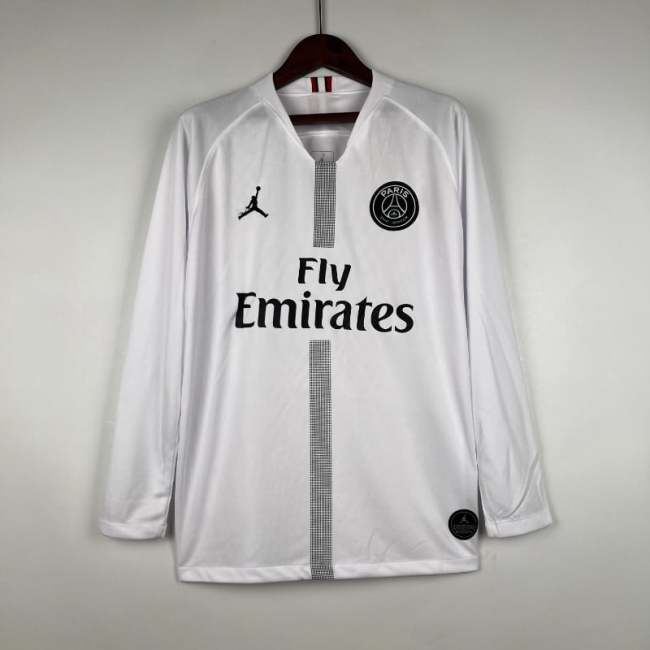 Long Sleeve  PSG 2018-19 Paris Saint Germain White Retro Soccer Jersey  - Fan Version