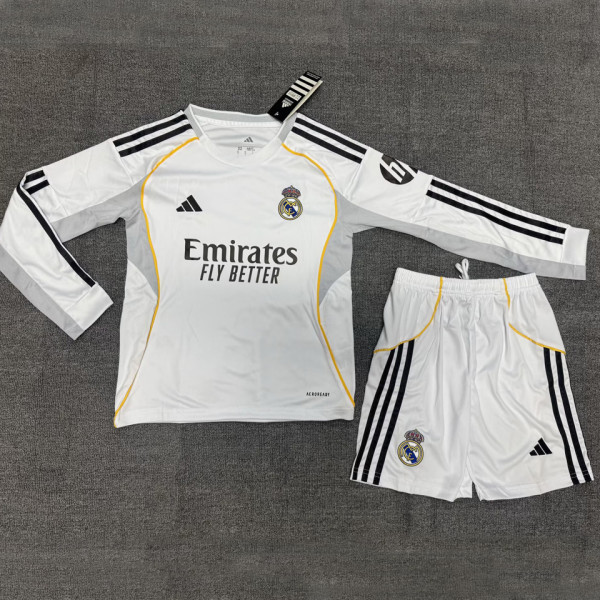 2025/26 RM Home White Kids Long Sleeve Soccer Jersey  长袖童装