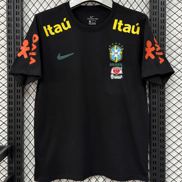 2026/27 Brazil Black Casual Pure Cotton T-Shirt 肩膀字黄色
