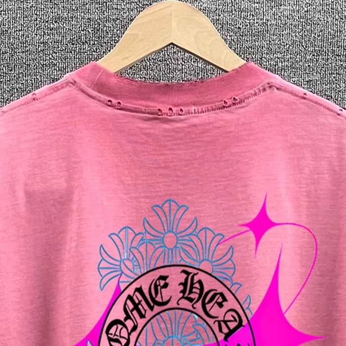 1:1 quality version Neon Pink & Blue Horseshoe Cross Print Washed Pink T-Shirt 29098117