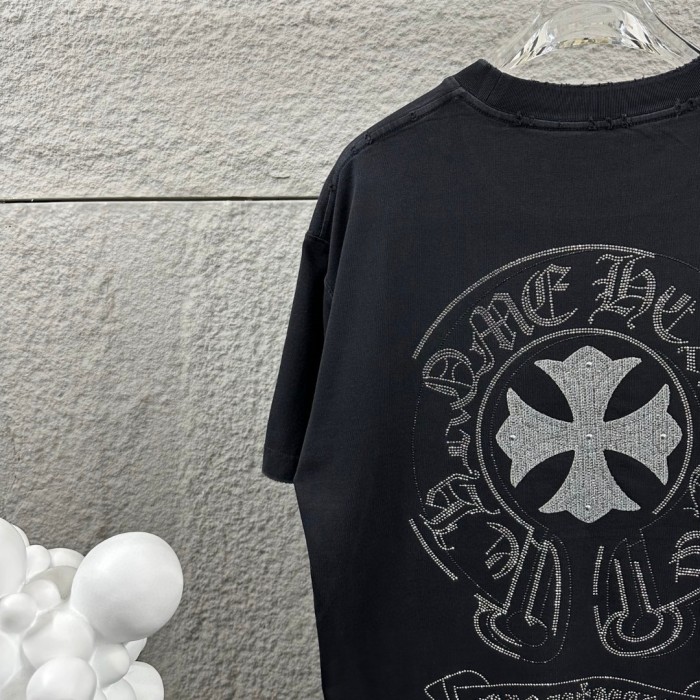 1:1 quality version Crystal Horseshoe & Cross Logo Washed Black Distressed T-Shirt 2 colors 29098022