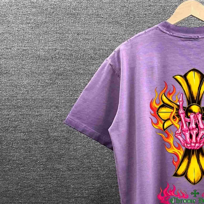 1:1 quality version Flame & Skeleton Hand Cross Print Washed Purple T-Shirt 29098172