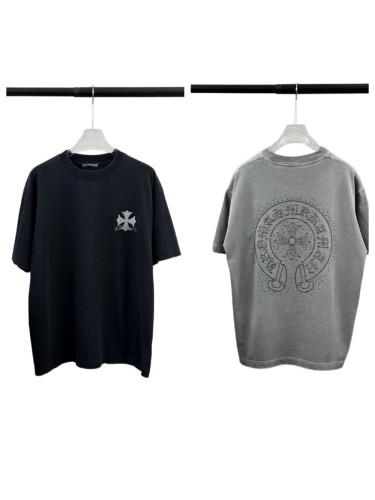 1:1 quality version Crystal Horseshoe & Cross Logo Washed Black Distressed T-Shirt 2 colors 29098022