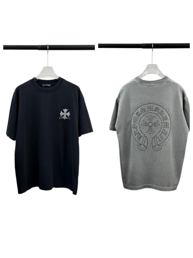 1:1 quality version Crystal Horseshoe & Cross Logo Washed Black Distressed T-Shirt 2 colors 29098022