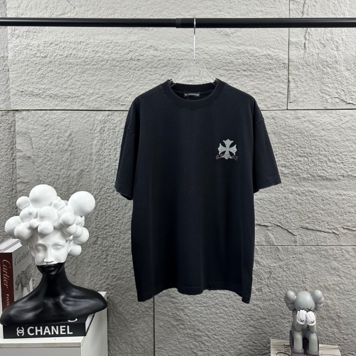 1:1 quality version Crystal Horseshoe & Cross Logo Washed Black Distressed T-Shirt 2 colors 29098022