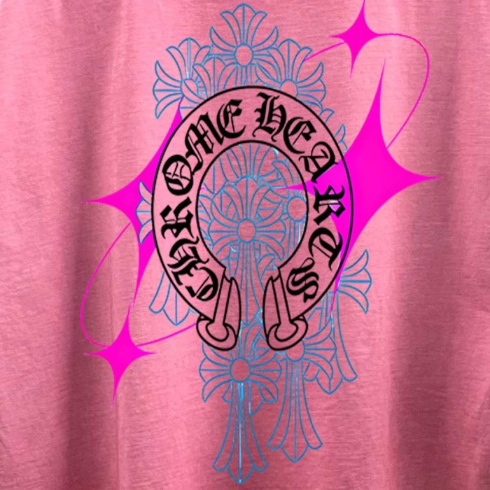 1:1 quality version Neon Pink & Blue Horseshoe Cross Print Washed Pink T-Shirt 29098117