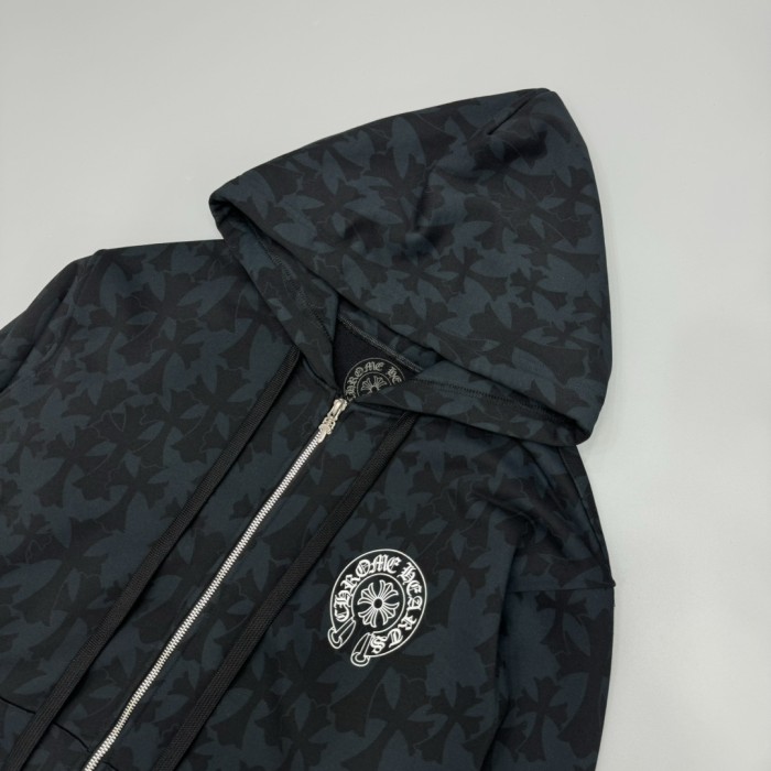1:1 quality version Subtle Cross Print & Arm Floral Scroll Full-Zip Hooded 29097789