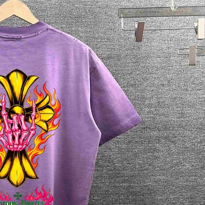 1:1 quality version Flame & Skeleton Hand Cross Print Washed Purple T-Shirt 29098172