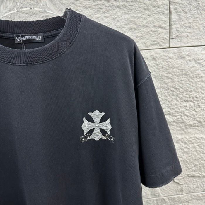 1:1 quality version Crystal Horseshoe & Cross Logo Washed Black Distressed T-Shirt 2 colors 29098022