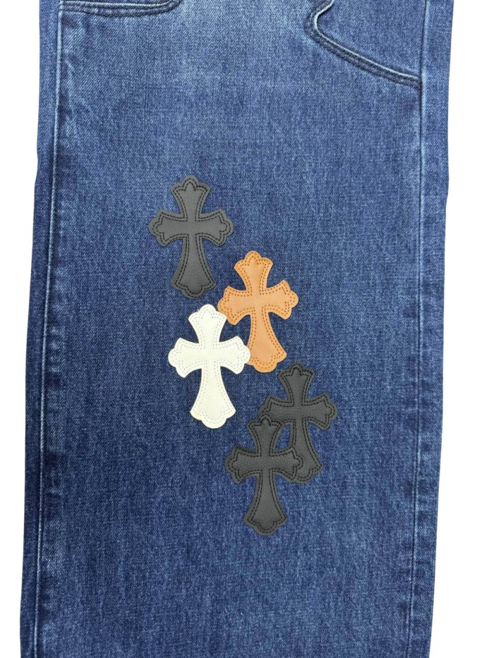1:1 quality version Distressed Blue Multi-Color Cross Leather Patch Jeans 28903074