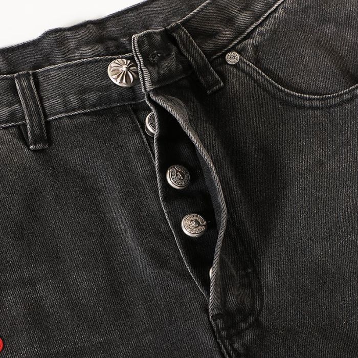 1:1 quality version Red Black Cross Patched Washed Black Straight Leg Casual Denim Jeans 29082231