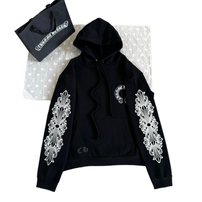 1:1 quality version Floral Sleeve Back Black Horseshoe Print Hoodie 28755502