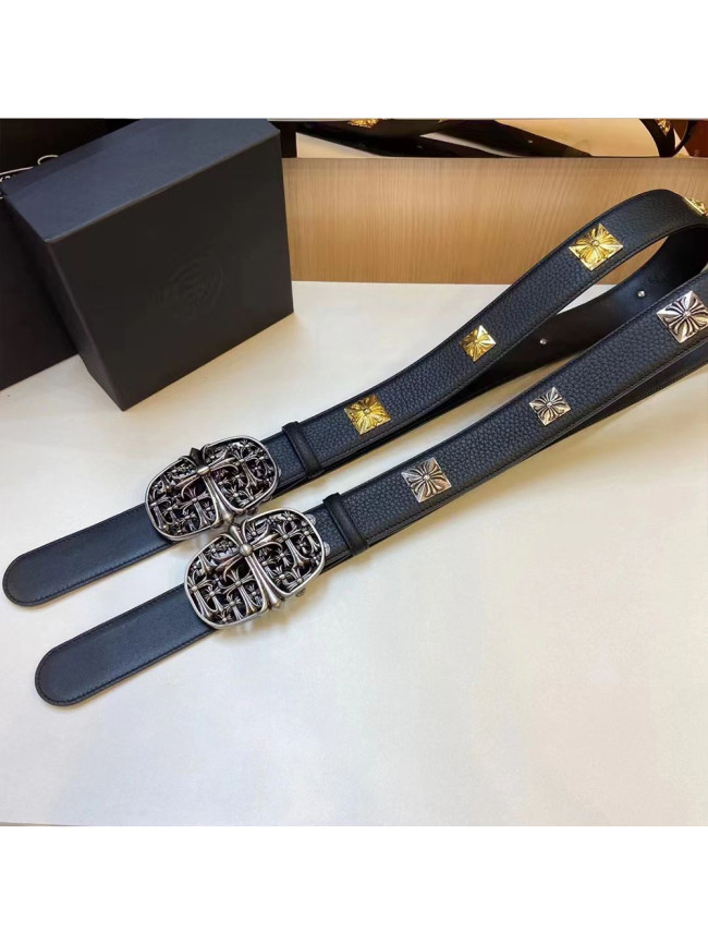 1:1 quality version Cross Grave Monument Pure Copper Silver Plated Pin Buckle Leather Belt 2 colors【Width 3.7cm】