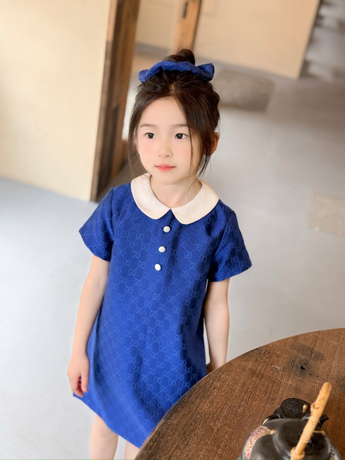 Royal Blue GG Monogram Peter Pan Collar A-Line Dress for Kids 29006280