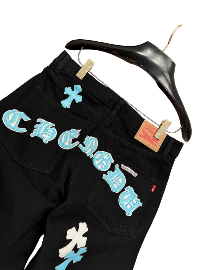 1:1 quality version  white & blue leather cross appliqué washed jeans 28959432