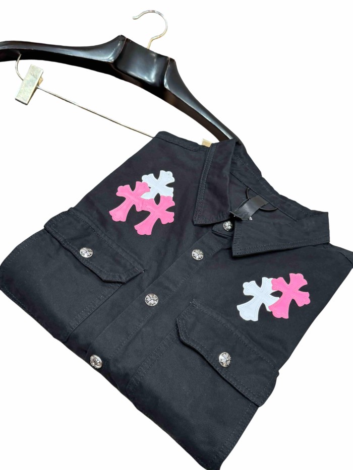 1:1 quality version pink & white cross leather patches denim Vintage jacket 28959621