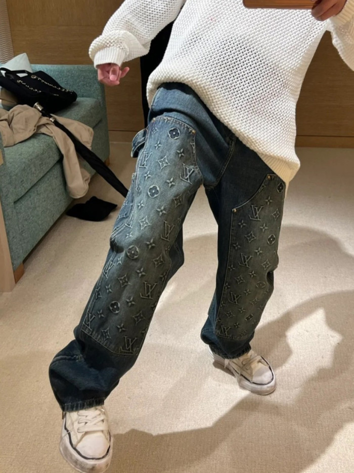 1:1 quality version Embroidered Rivet Distressed Denim Work Jeans 28687461
