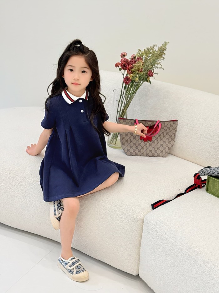 Navy Blue Red & Green Trimmed Collar A-Line Polo Dress for Kids 29006255