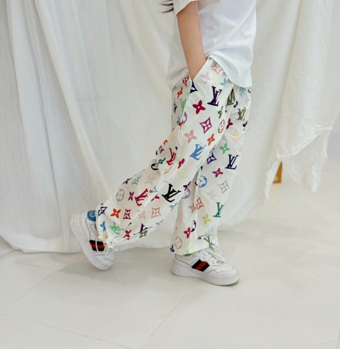 Multicolor Monogram Drawstring Waist Wide-Leg Pants for Kids 29008613