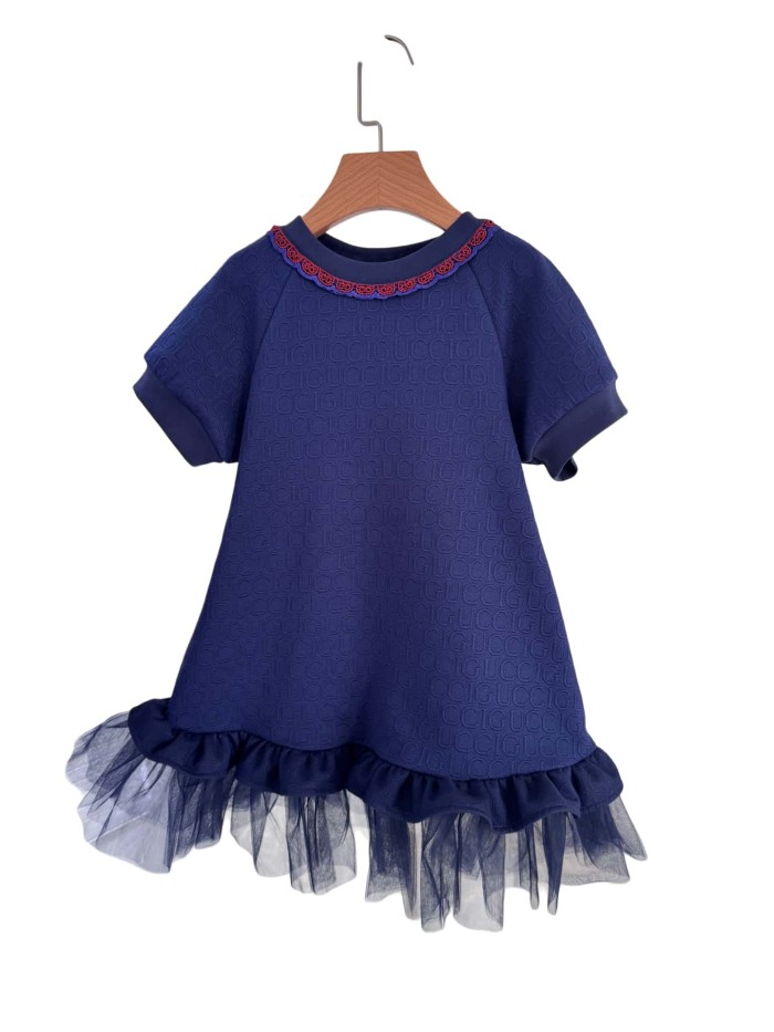 Navy Blue A-Line Dress with Tulle Hem for Kids 29008778