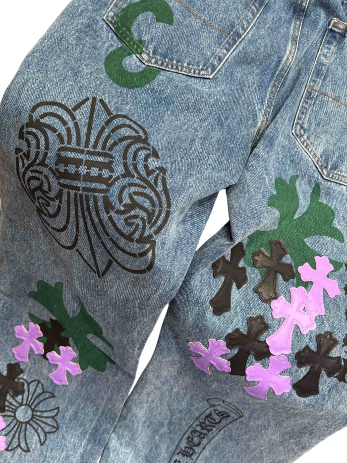 1:1 quality version  black & purple color-block cross leather prints jeans 28959500