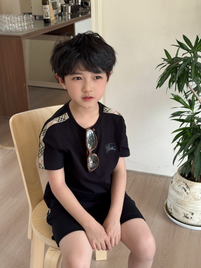 Black Check Trim Cotton T-Shirt for Kids 29010785