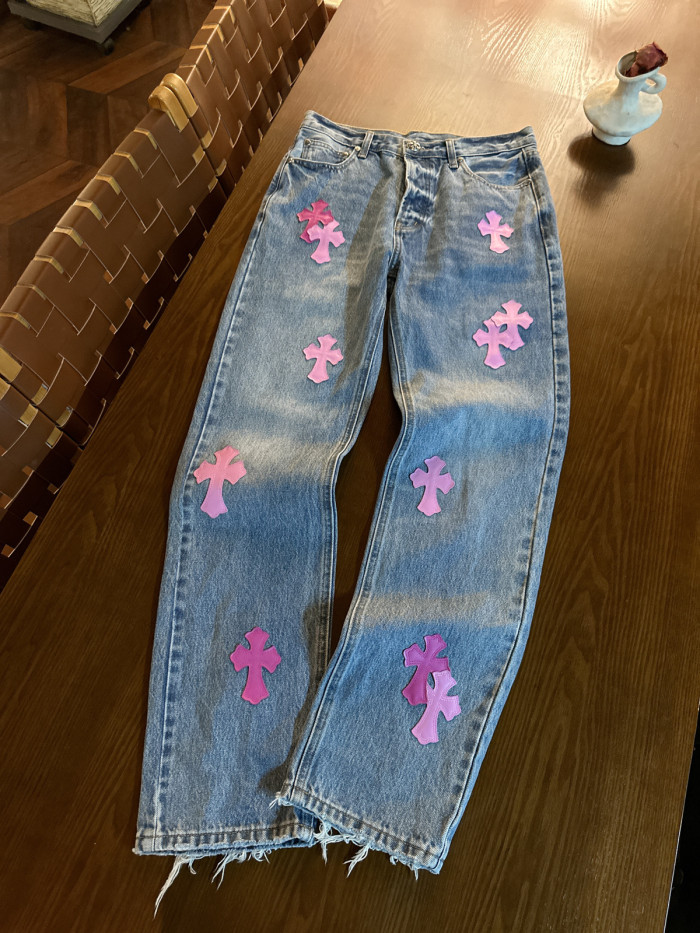 1:1 quality version Pink Patch Cross Ripped Fringe Jeans