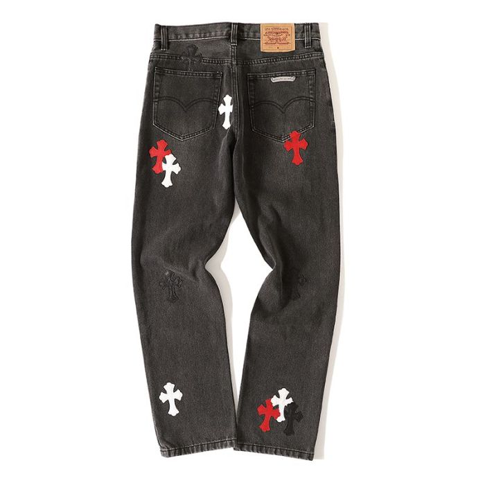 1:1 quality version Red Black Cross Patched Washed Black Straight Leg Casual Denim Jeans 29082231