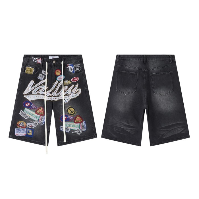 Multi-label Patch Rhinestone Embroidery Washed Denim Shorts 2 colors 29047378