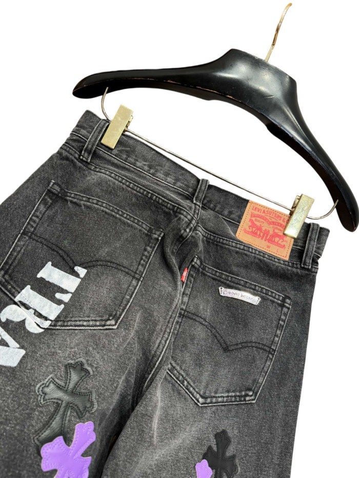 1:1 quality version  Black-Purple Cross Leather Patch Print Jeans 28960875