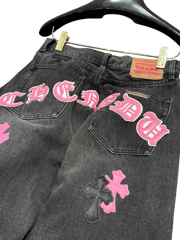 1:1 quality version  black & pink cross appliqué washed straight-leg jeans 28959382
