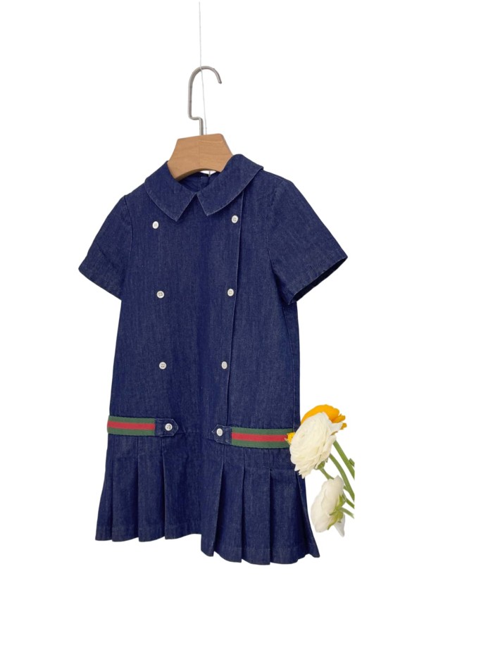 Navy Double-Breasted Buttons Denim Dress for Kids 29008821