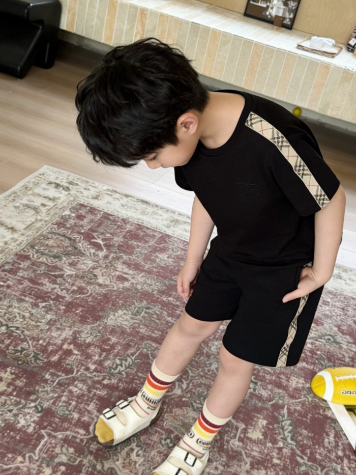 Black Check Trim Cotton T-Shirt for Kids 29010785