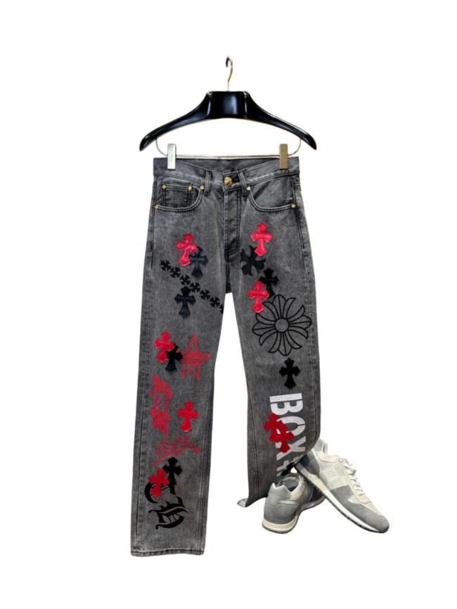 1:1 quality version black and red cross genuine leather appliqué printed jeans 28959554