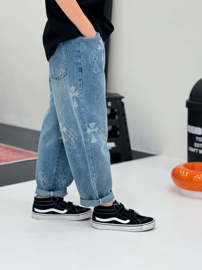 Cross Pattern Washed Elastic Waist Denim Pants for Kids 29008992