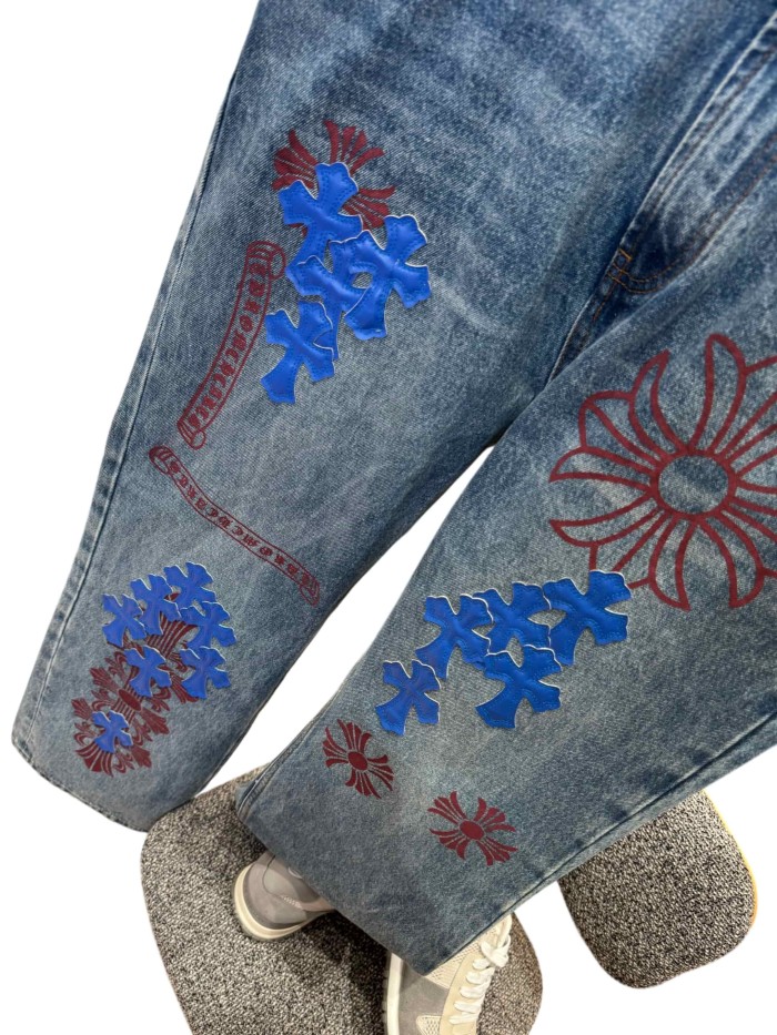1:1 quality version  blue crosses and red flower appliqués washed blue jeans 28959455