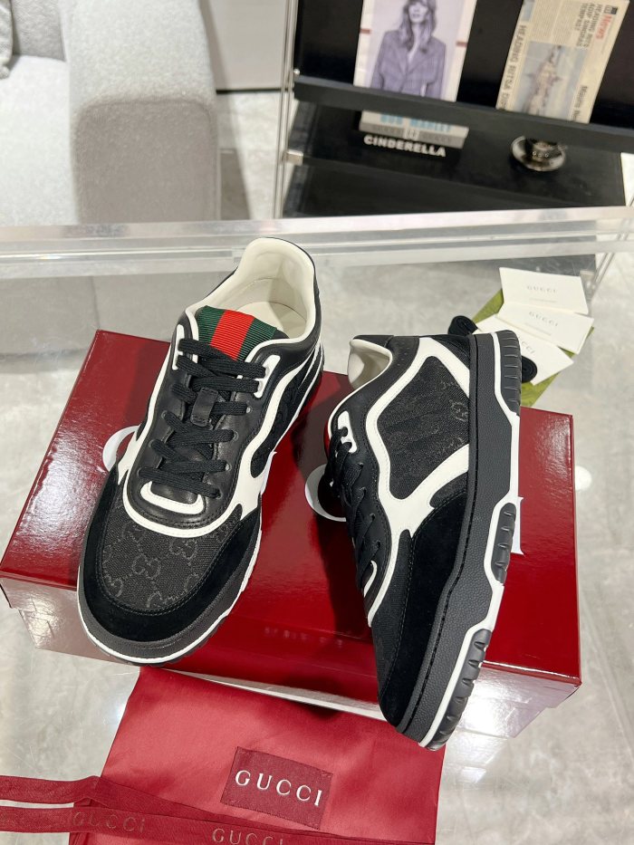 1:1 quality version Re-Web Black White GG Canvas Leather Low Top Sneakers Lace-Up Shoes 28974469