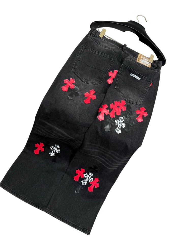 1:1 quality version  leopard print, flame and cross motifs heavy-duty jeans 28959669