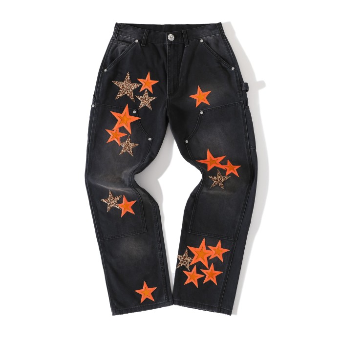 1:1 quality version Orange-Lined Leopard-Print Five-Pointed Star Jeans 28791707