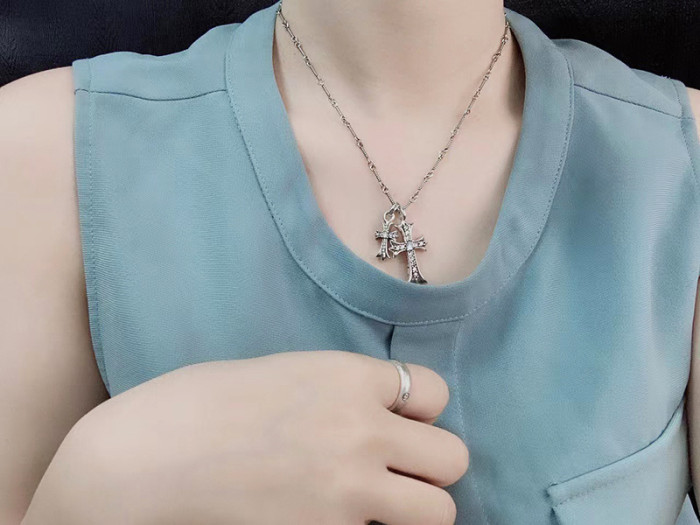 Sterling Silver CH and Diamond Double Cross Necklace 12 colors