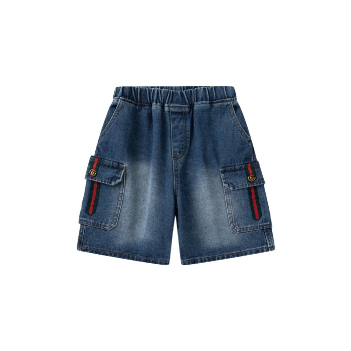 Red and Green Web Trim Denim Cargo Washed Shorts for Kids 29006565