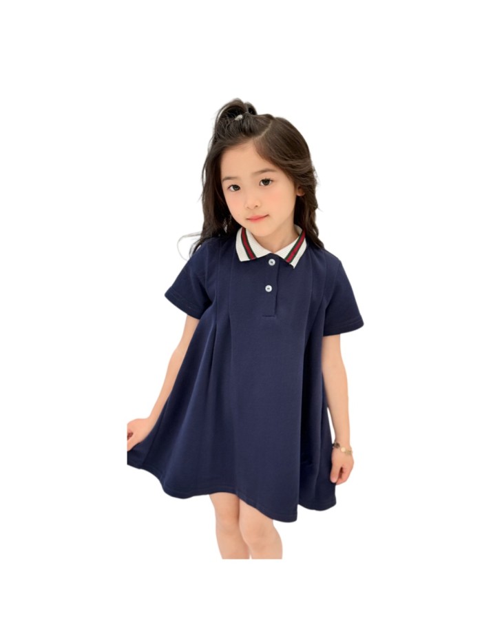 Navy Blue Red & Green Trimmed Collar A-Line Polo Dress for Kids 29006255