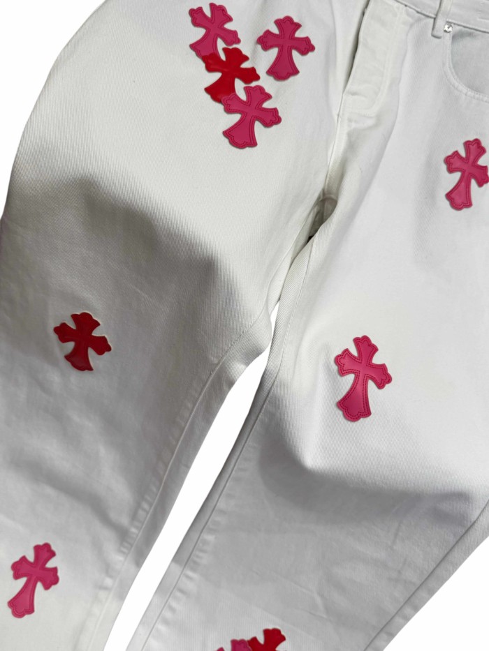 1:1 quality version  pink & white cross leather patch washed jeans 28959540