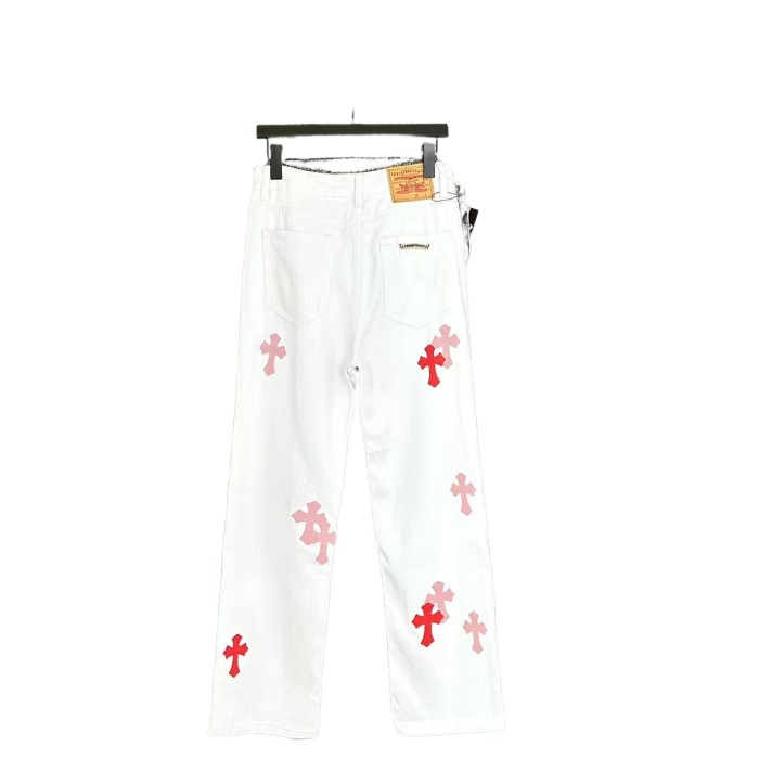 Pink-Trimmed Leather Cross White Jeans 28476836