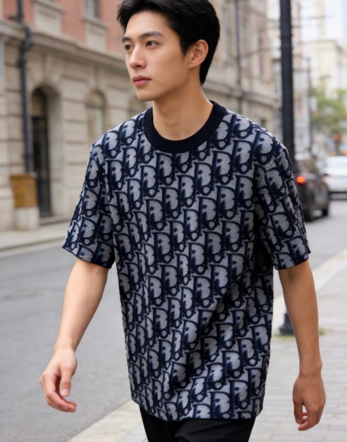 1:1 quality version Dark Blue Color-Blocked Jacquard Knit T-shirt 28968062