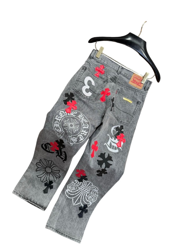 1:1 quality version  black and red cross genuine leather appliqué printed jeans 28959554