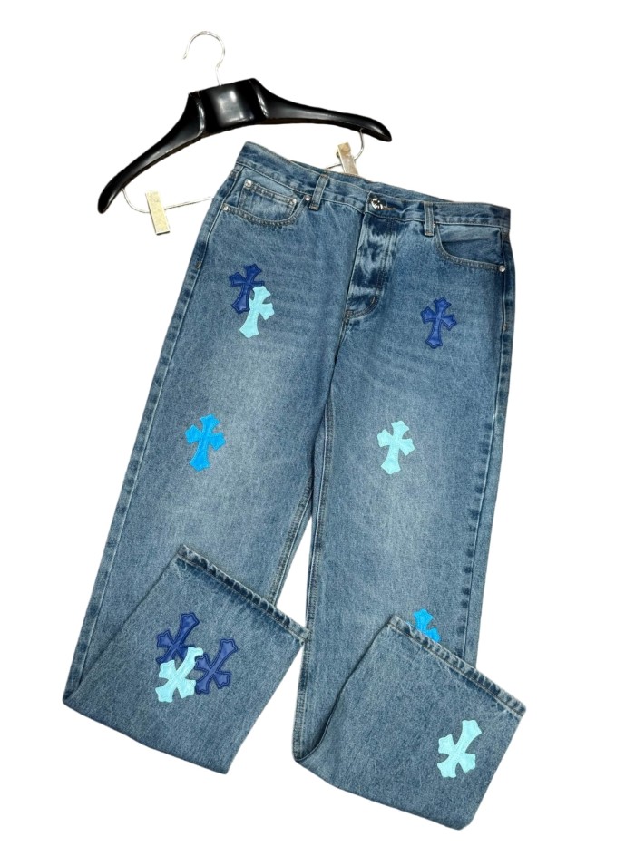 1:1 quality version  blue color-block cross leather appliqués washed jeans 28959512